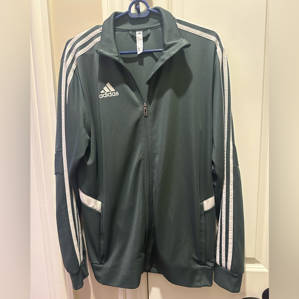 Mens Adidas Climalite Full Zip Track Jacket Pockets Green White 3 Stripe Medium